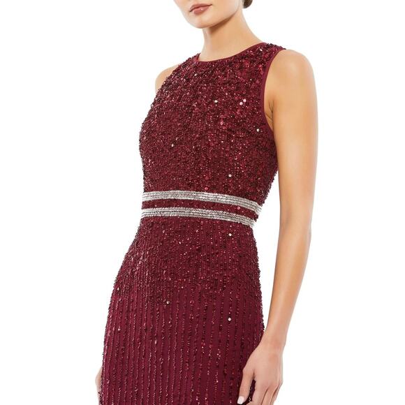 MAC DUGGAL 10509 Sleeveless High Neck Beaded Sheath Midi Dress Burgundy 2 NEW - Picture 3 of 9